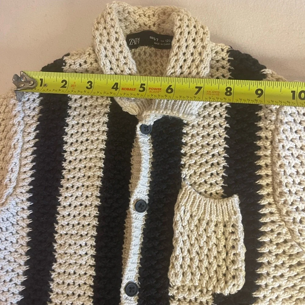 Zara Girls Size 6-7 Chunky Cotton Knit Cardigan Sweater Cream Ivory Black Stripe